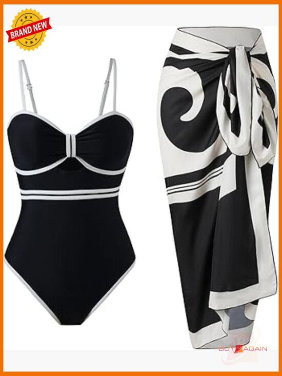 Other - One Piece Swimsuit with Wrap Skirt Cover Up Retro Tummy Control Slimming
